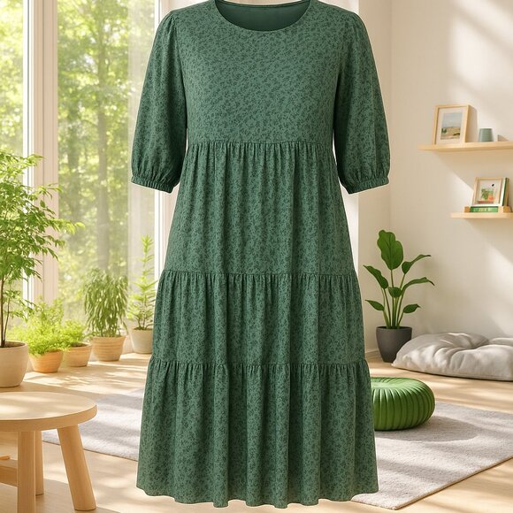 ZARA Floral Midi Dress Women’s Large Green Black Print Puff Sleeve Boho Casual - Picture 1 of 10